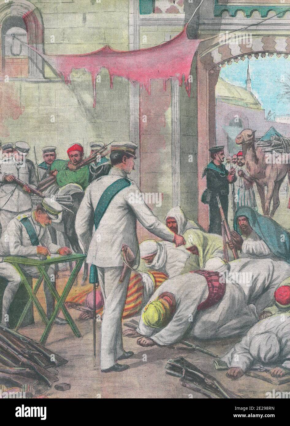 Die arabischen Soldaten übergeben ihre Waffen an die Italiener und unterwerfen sich, um 1911 Stockfoto