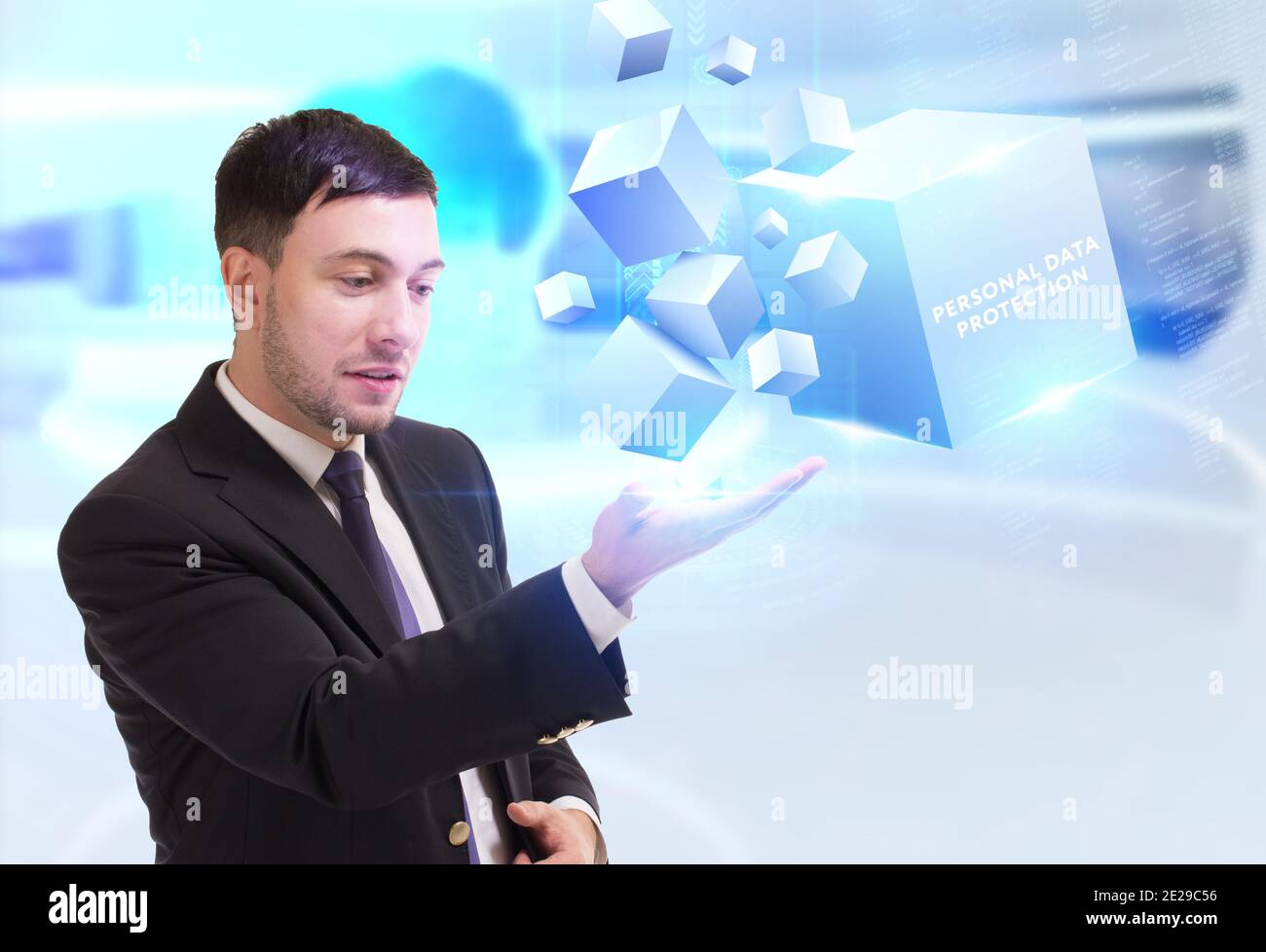 Wirtschaft, Technologie, Internet und Netzwerk Konzept. Junge Unternehmer arbeiten an einer virtuellen Bildschirm der Zukunft und sieht die Inschrift: Persönliche dat Stockfoto