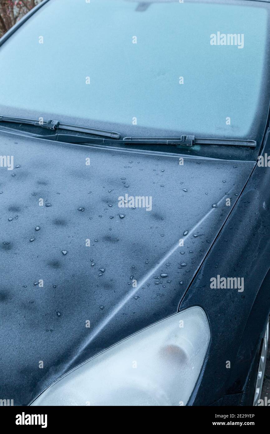 Ein Auto frostigen Windschutzscheibe an einem kalten Wintermorgen. Stockfoto