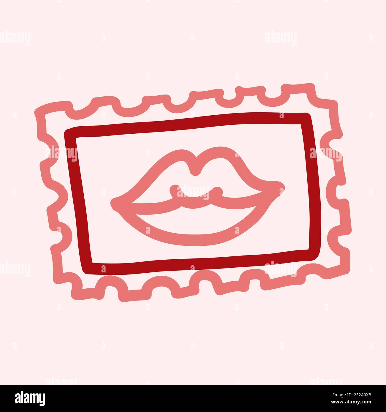 Valentinstag Thema Doodle Symbol der handgezeichneten Mail Porto Stempel mit Lippen Form isoliert auf einem rosa Stockfoto