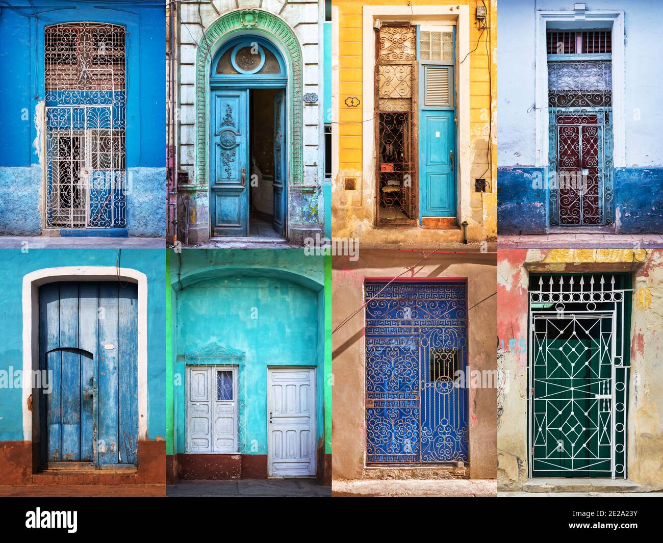 Sammlung von bunten Türen von Kuba, in Havanna und Trinidad. Reise- und Architekturcollage Stockfoto