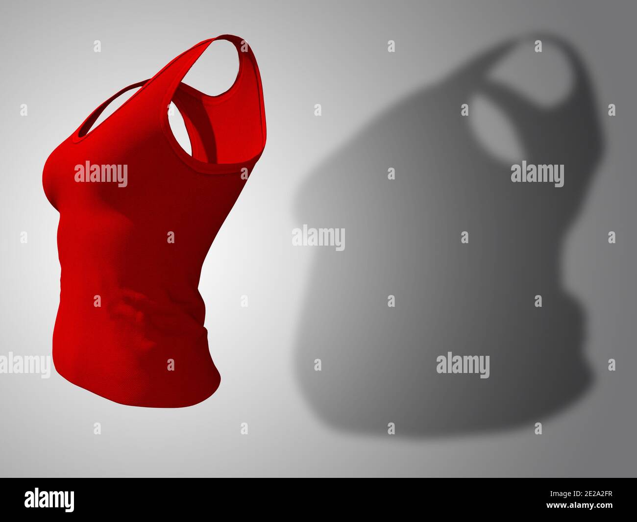 Conceptual Fat Übergewicht fettleibig Schatten weibliche Unterhemd vs Slim Fit gesunder Körper nach Gewichtsverlust oder Diät dünne junge Frau auf rot. Stockfoto