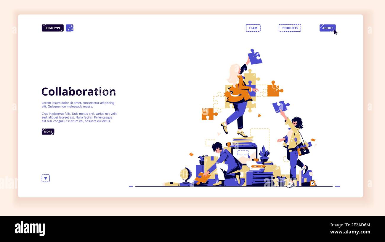 Landing Page Teamwork Collaboration. Business People Team Montage getrennte Puzzleteile. Zusammenarbeit oder Partnerschaft, kreative Coworking Kollegen Arbeitsprozess, Vektor Linie Kunst Web-Banner Stock Vektor