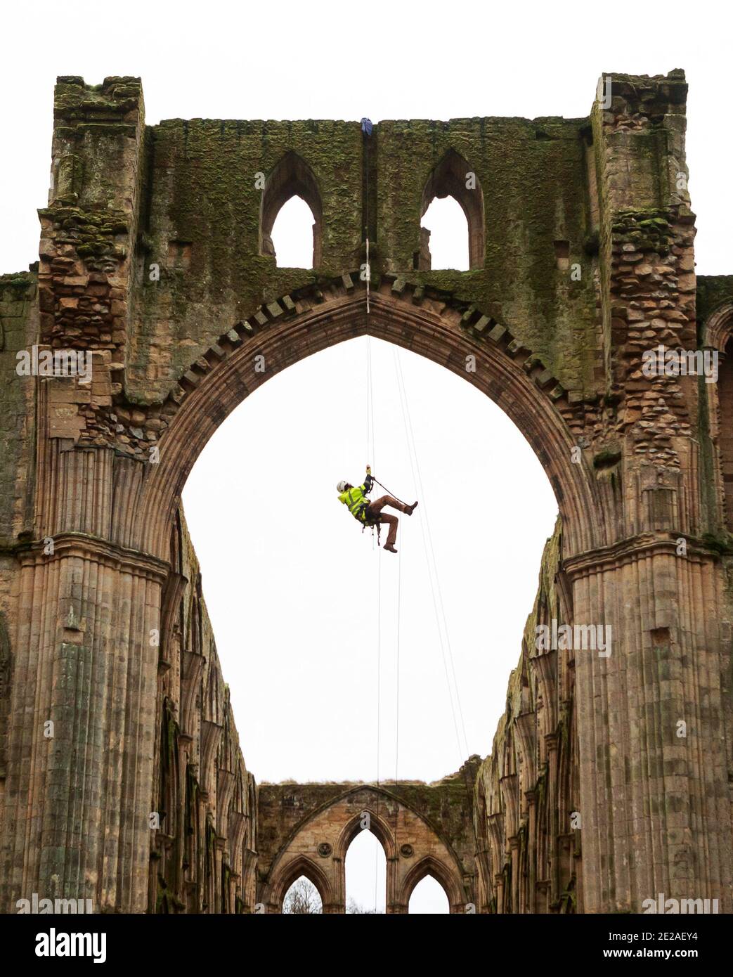 Der Steinmetz James Preston von SSH Conservation, abseils von Rievaulx Abbey in North Yorkshire als English Heritage bereitet sich auf die Durchführung von lebenswichtigen Naturschutzarbeiten vor. English Heritage beauftragt eine Untersuchung der Abtei Rievaulx in einem fünfjährigen Zyklus, um den Zustand der Abtei vom Boden bis zur Spitze der Struktur zu beurteilen. Stockfoto