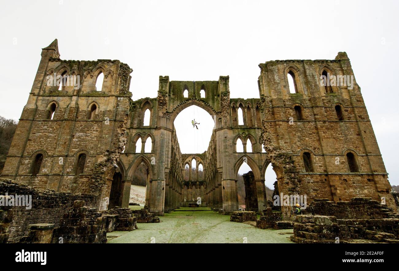 Der Steinmetz James Preston von SSH Conservation, abseils von Rievaulx Abbey in North Yorkshire als English Heritage bereitet sich auf die Durchführung von lebenswichtigen Naturschutzarbeiten vor. English Heritage beauftragt eine Untersuchung der Abtei Rievaulx in einem fünfjährigen Zyklus, um den Zustand der Abtei vom Boden bis zur Spitze der Struktur zu beurteilen. Stockfoto