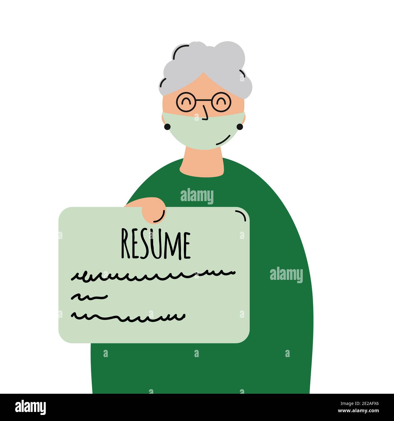 Ältere Frau mit Lebenslauf und medizinische Maske. Beschäftigungsproblem. Ende Alterskonzept Stock Vektor