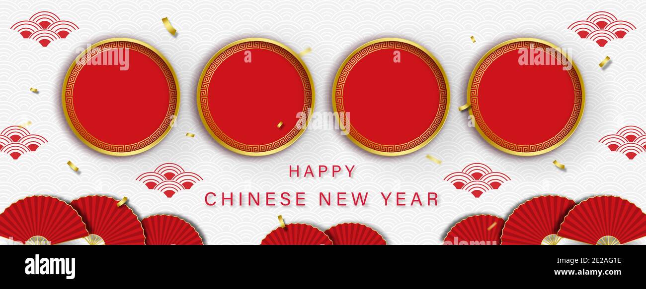 Happy Chinese New Year Banner Hintergrund mit leeren roten Kreisen Für Ihre Texte oder Bilder auf orientalischem Wellenmuster Stock Vektor