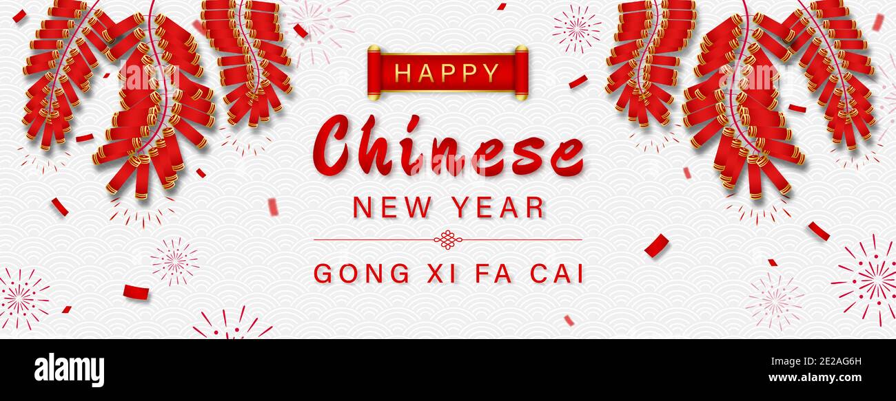 Frohes chinesisches Neujahr GONG XI FA CAI Text auf orientalisches Wellenmuster Banner Hintergrund mit Feuerwerkskörper Stock Vektor