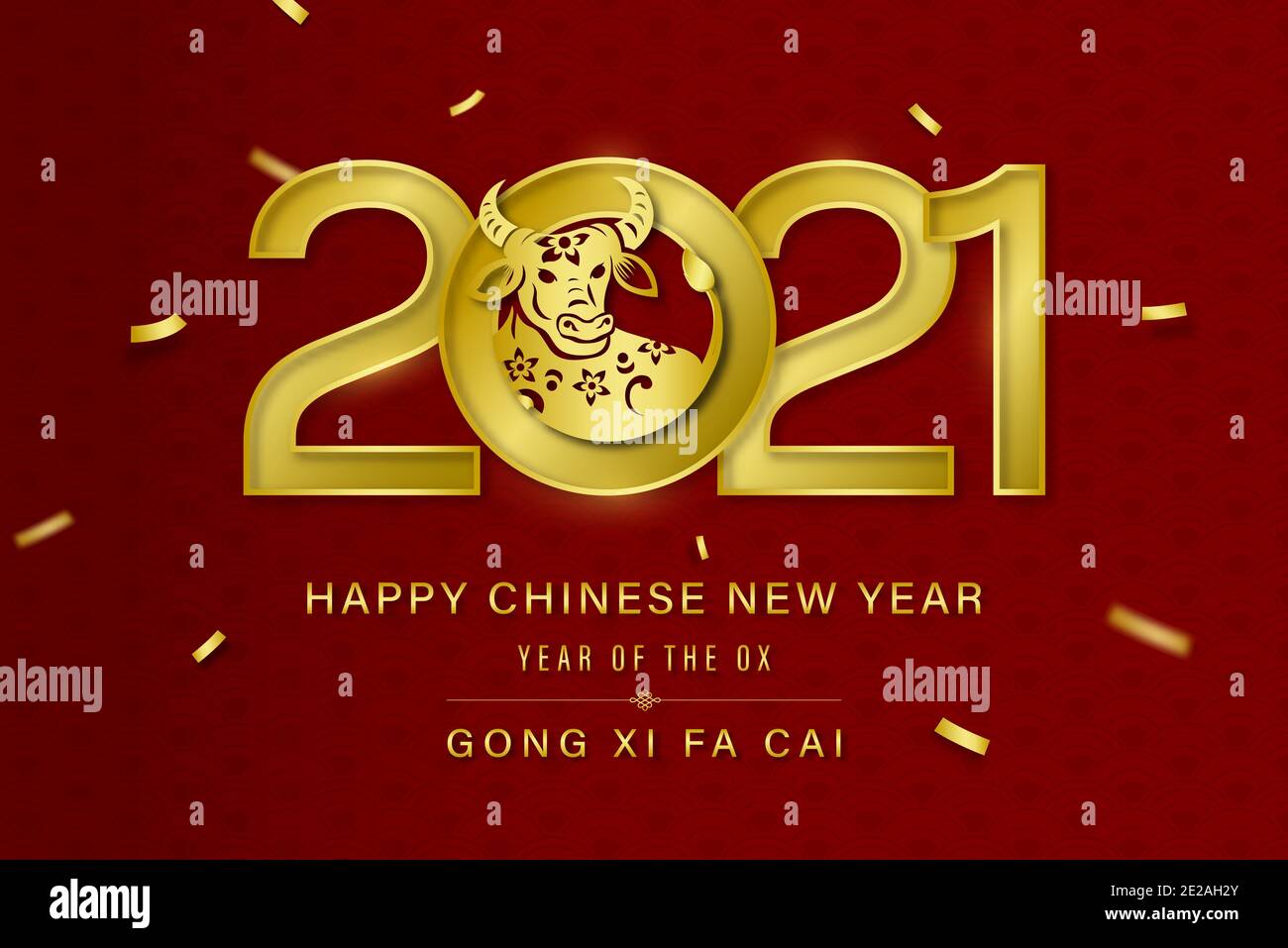 Goldenes 2021 Jahr des Ochsens Zeichen mit glücklichen Chinesen Neujahr GONG XI FA CAI Text auf rot orientalisch Hintergrund des Wellenmusters Stock Vektor