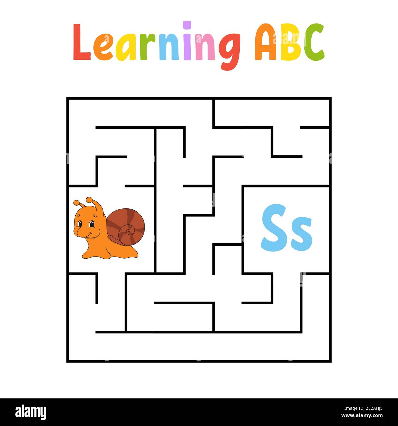 Quadratisches Labyrinth. Spiel für Kinder. Quadrate Labyrinth. Arbeitsblatt zum Bildungswesen. Schneckenmuschel. Aktivitätsseite. Englisch lernen Alphabet. Cartoon-Stil. Suchen Sie den Stock Vektor