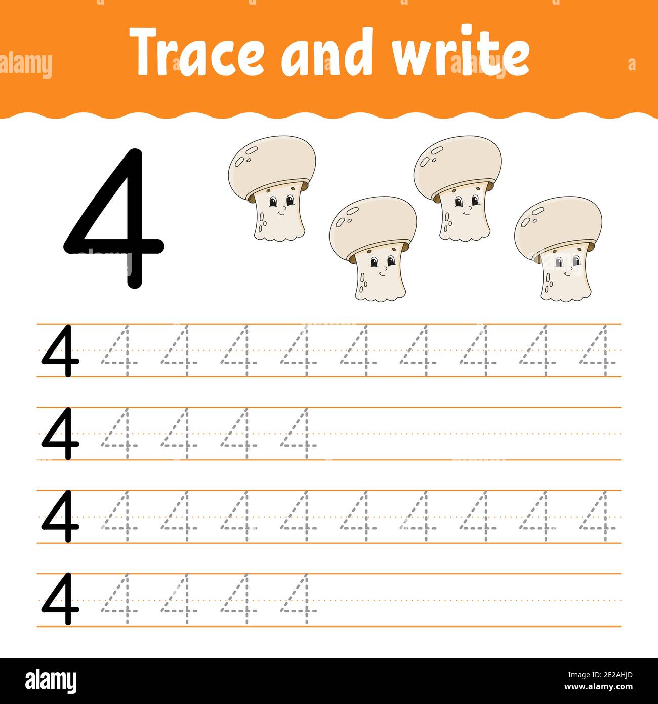 Nummer 4. Trace und Write. Handschriftverfahren. Lernzahlen für Kinder. Arbeitsblatt zur Entwicklung von Schulungen. Aktivitätsseite Farbe. Isolierter Vektorillus Stock Vektor