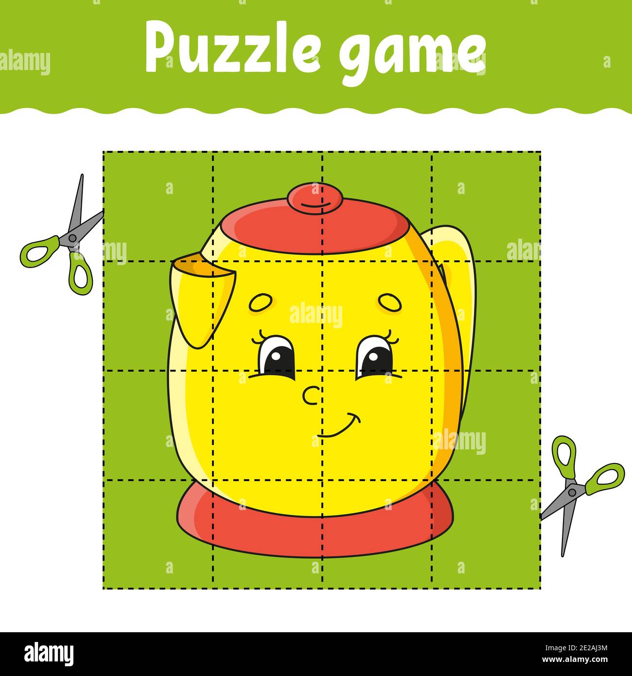 Puzzle-Spiel für Kinder. Arbeitsblatt zur Entwicklung von Schulungen. Lernspiel für Kinder. Wasserkocher. Aktivitätsseite Farbe. Für Kleinkinder. Rätsel für Prescho Stock Vektor