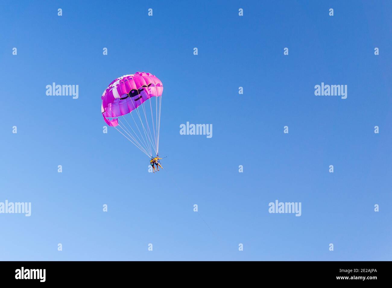 Parasailing wing pulled by boat, summer sunny activities at sea. Recreation outdoors. copyspace Stockfoto