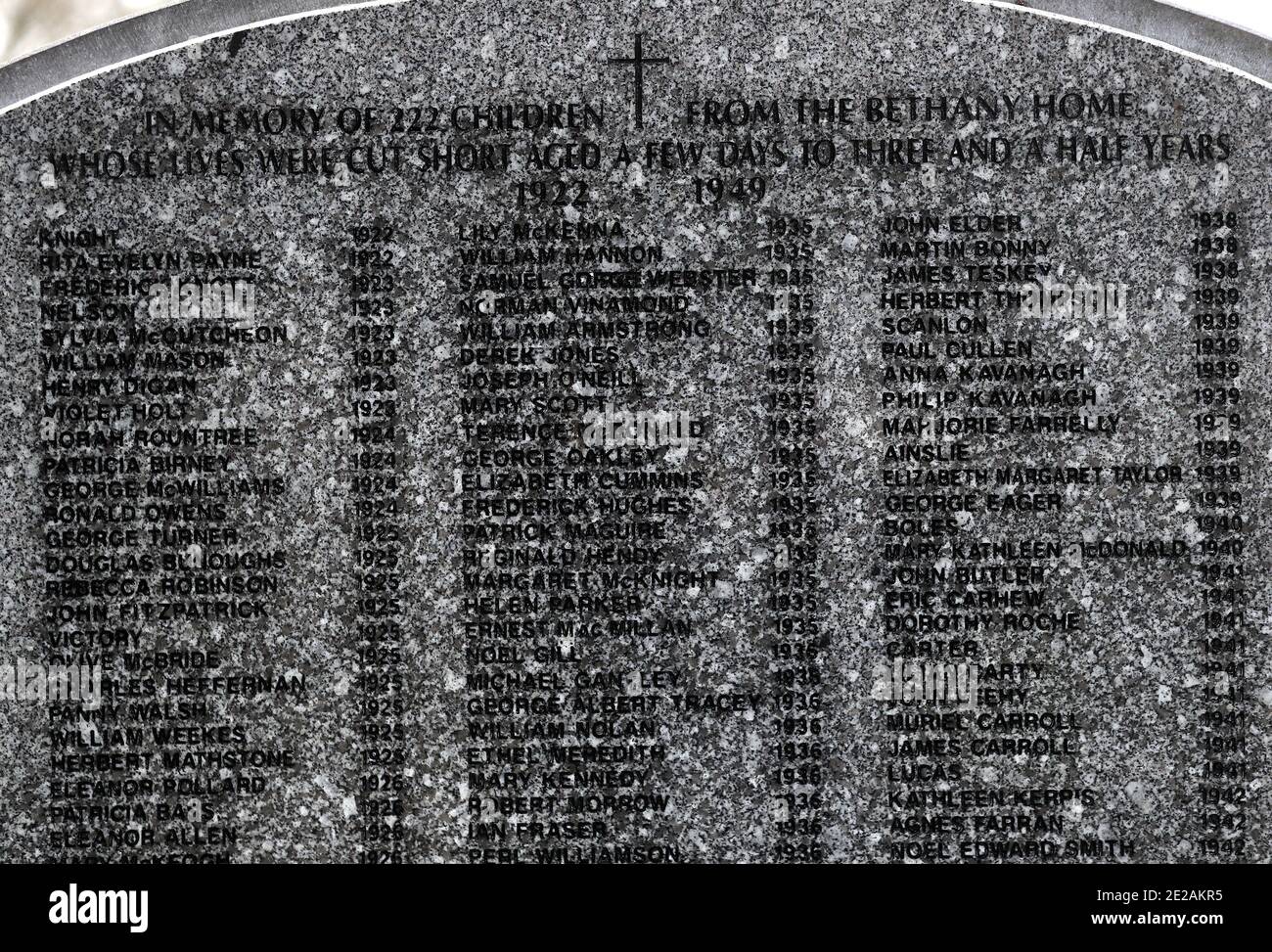 Ein Teil des Denkmals für 222 Kinder aus dem Bethany Mutter-und-Kind-Haus, auf dem Mount Jerome Friedhof, Harold's Cross, Dublin, wie Taoiseach Micheal Martin soll sich bei Überlebenden von Häusern für unverheiratete Mütter und ihre Kinder entschuldigen. Die Institutionen für Frauen, die unehelich schwanger wurden, produzierten hohe Kindersterblichkeit, Misogynie und Stigmatisierung einiger der gefährdetsten societyÕs, so ein unabhängiger Bericht. Stockfoto