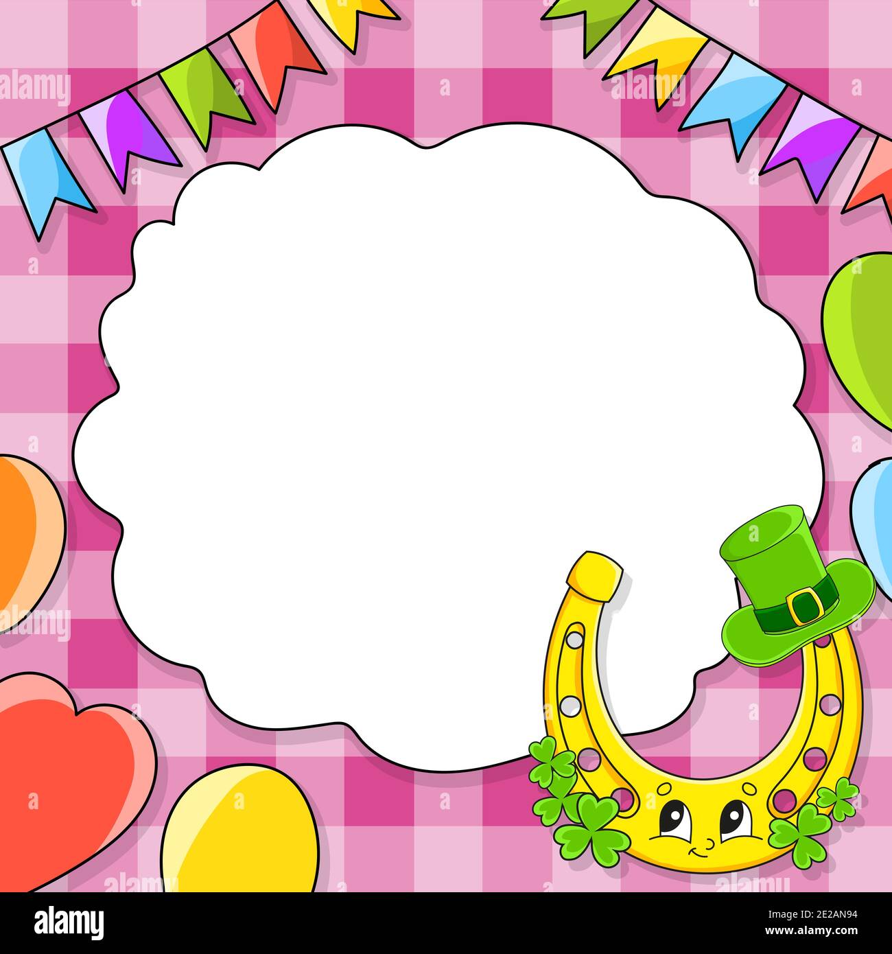 Festliche Vektorgrafik mit leerer Textstelle. Zeichentrickfigur, Luftballons, Girlanden. Für die Gestaltung von Grußkarten, Geburtstage, Stick Stock Vektor