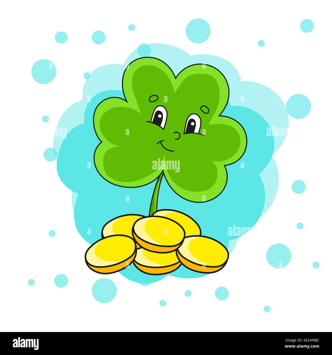 Klee mit Münzen. Farbenfrohe Vektorgrafik. Isoliert auf abstraktem Hintergrund. Designelement. Zeichentrickfigur. St. Patrick's Day. Stock Vektor