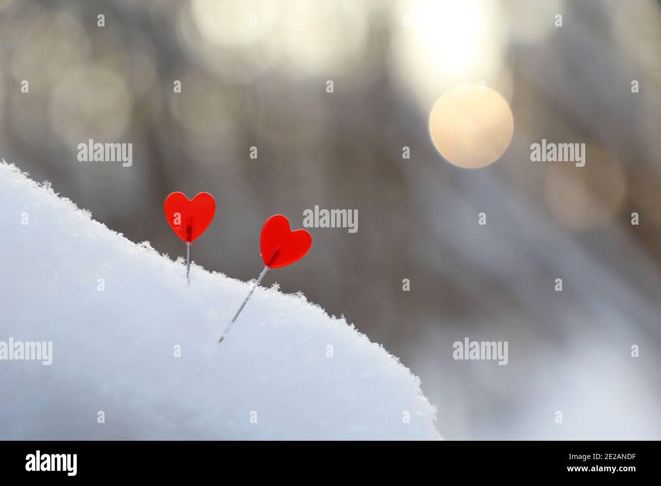 Zwei Liebesherzen auf dem Schnee im Sonnenlicht. Hintergrund für romantische Grußkarte, Valentinstag Stockfoto