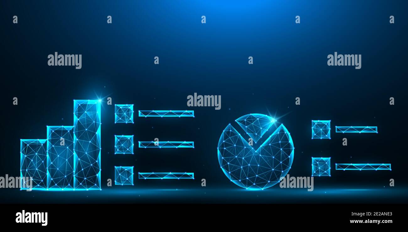 Statistische Datenanalyse Low-Poly-Design. Analytische Diagramme und Balken polygonale Vektorgrafiken auf blauem Hintergrund. Stock Vektor