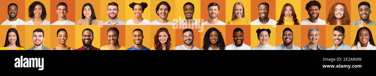 Collage Von Menschen Gesichter Mit Verschiedenen Millennials Auf Gelben Hintergründen Stockfoto
