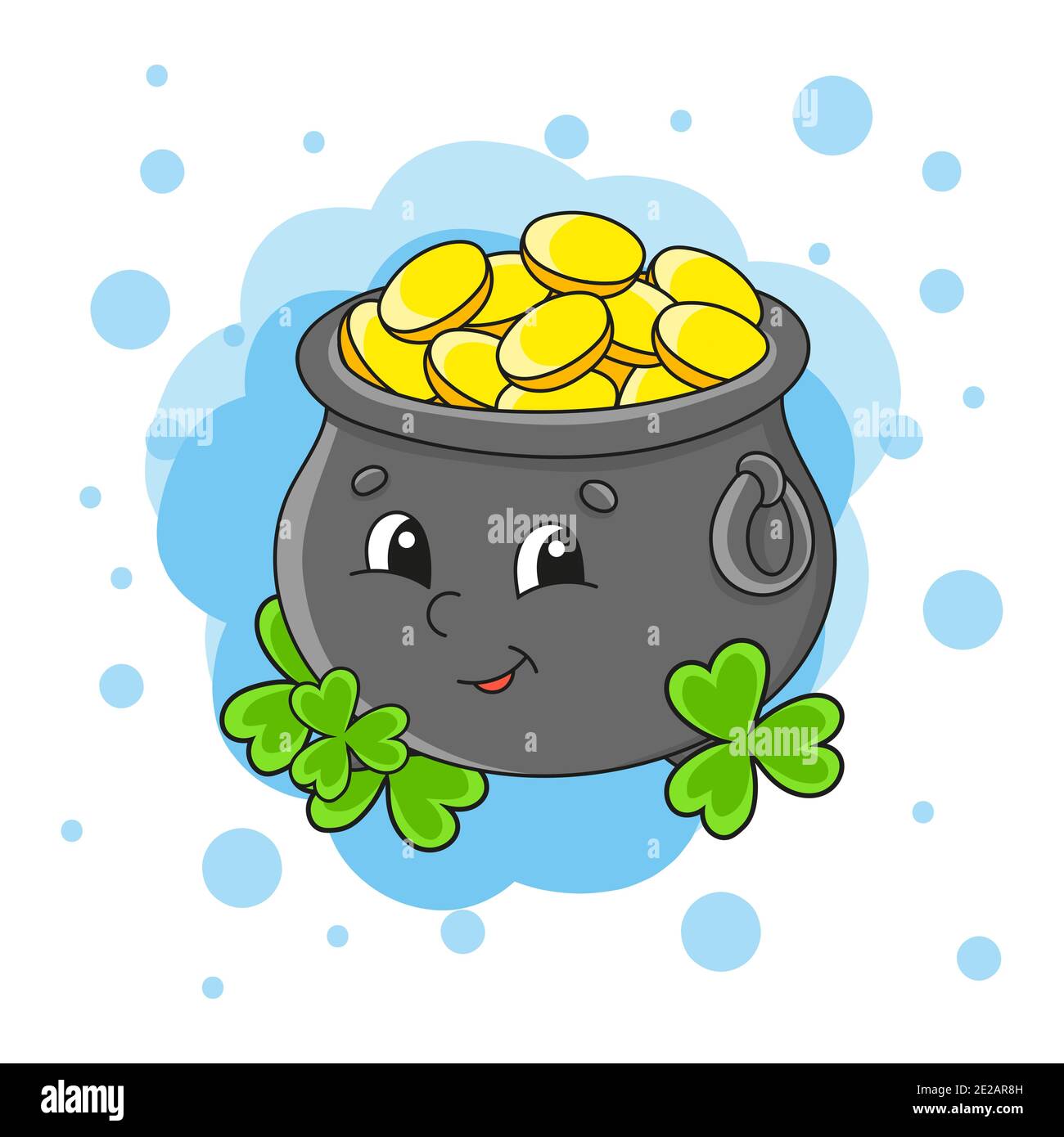 Farbenfrohe Vektorgrafik. Topf aus Gold mit Klee. Isoliert auf abstraktem Hintergrund. Designelement. Zeichentrickfigur. St. Patrick's Day. Stock Vektor
