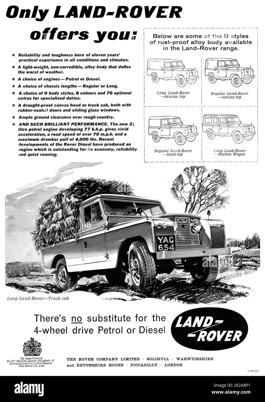 1959 Britische Werbung für das Land-Rover Allradantriebfahrzeug. Stockfoto
