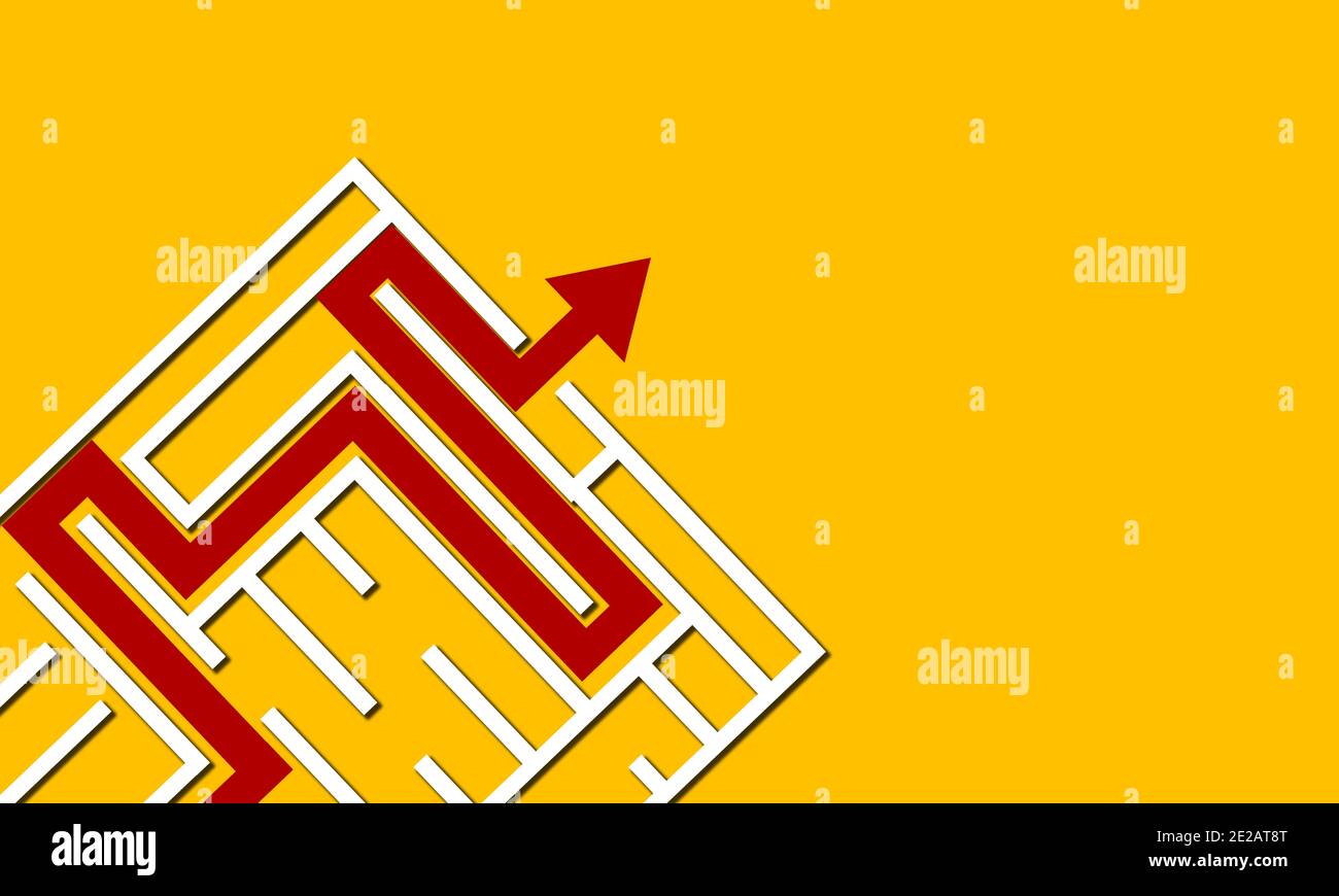 Roter Pfeil geht aus dem Labyrinth auf einem gelben Hintergrund - Erfolgskonzept Stockfoto