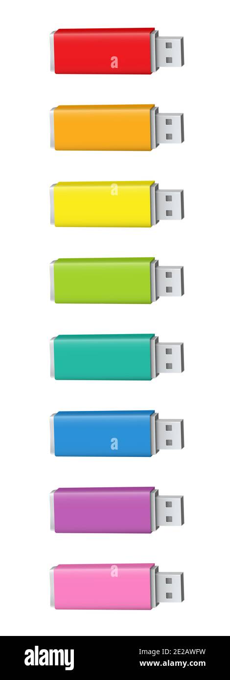 Bunte USB-Sticks oder USB-Sticks. Farbige Sammlung von USB-Sticks - rot, orange, gelb, grün, cyan, blau, rosa und lila. Stockfoto