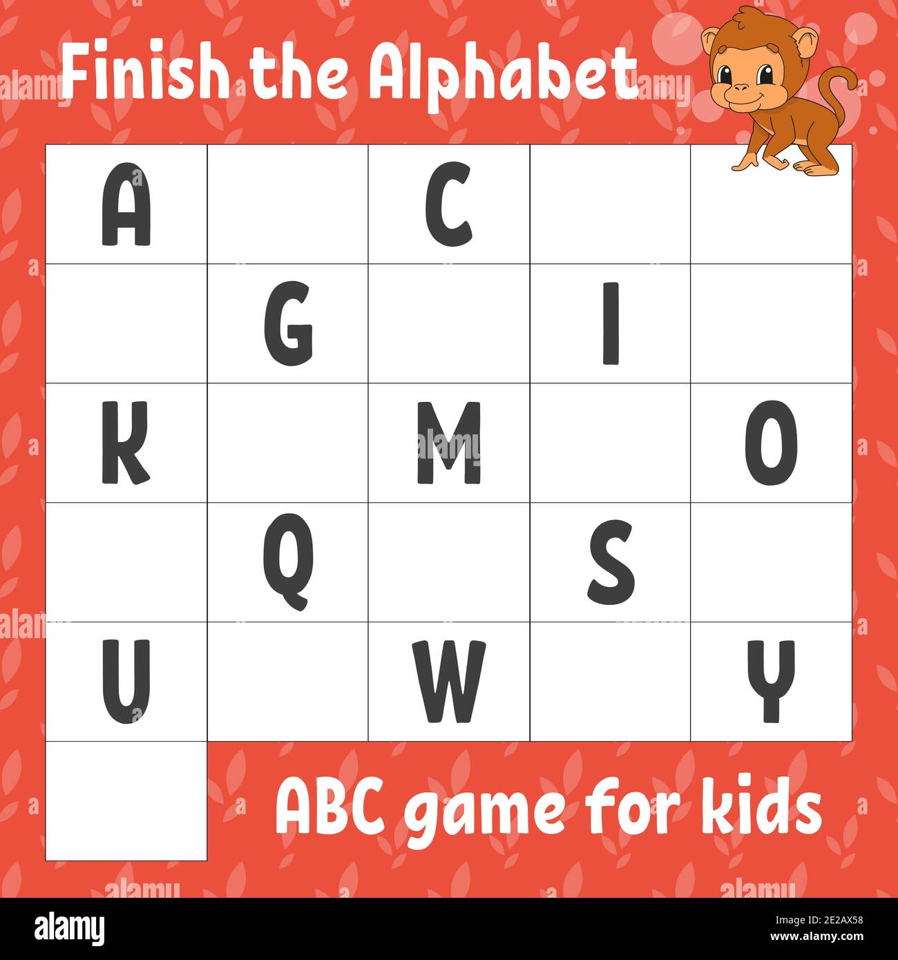Das Alphabet fertig stellen. ABC-Spiel für Kinder. Arbeitsblatt zur Entwicklung von Schulungen. Brauner Affe. Lernspiel für Kinder. Aktivitätsseite Farbe. Stock Vektor