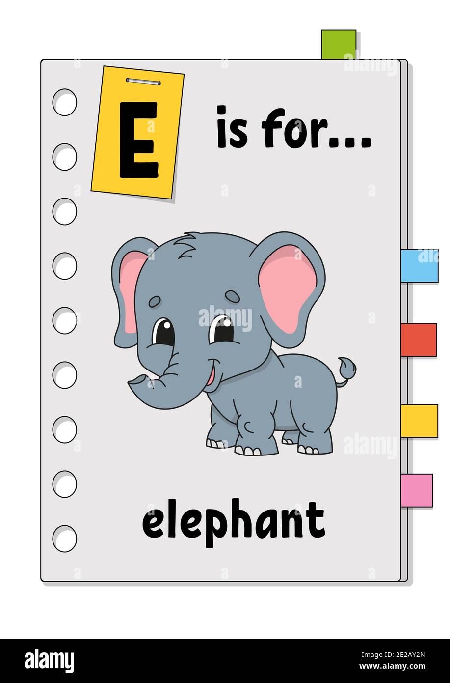 E ist für Elefanten. ABC-Spiel für Kinder. Wort und Buchstabe. Wörter lernen für Englisch lernen. Zeichentrickfigur. Farbvektordarstellung. Niedliches Tier. Stock Vektor