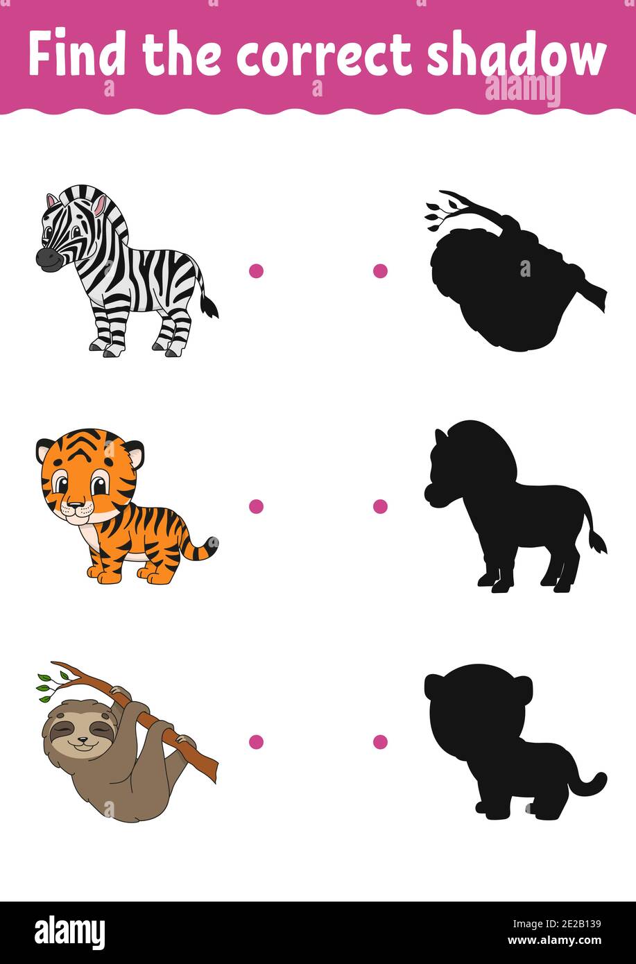 Finden Sie die richtigen Schatten. Bildung Entwicklung Arbeitsblatt. Passende Spiel für Kinder. Aktivität Seite. Puzzle für Kinder. Rätsel für Vorschulkinder. Cute verwen Stock Vektor