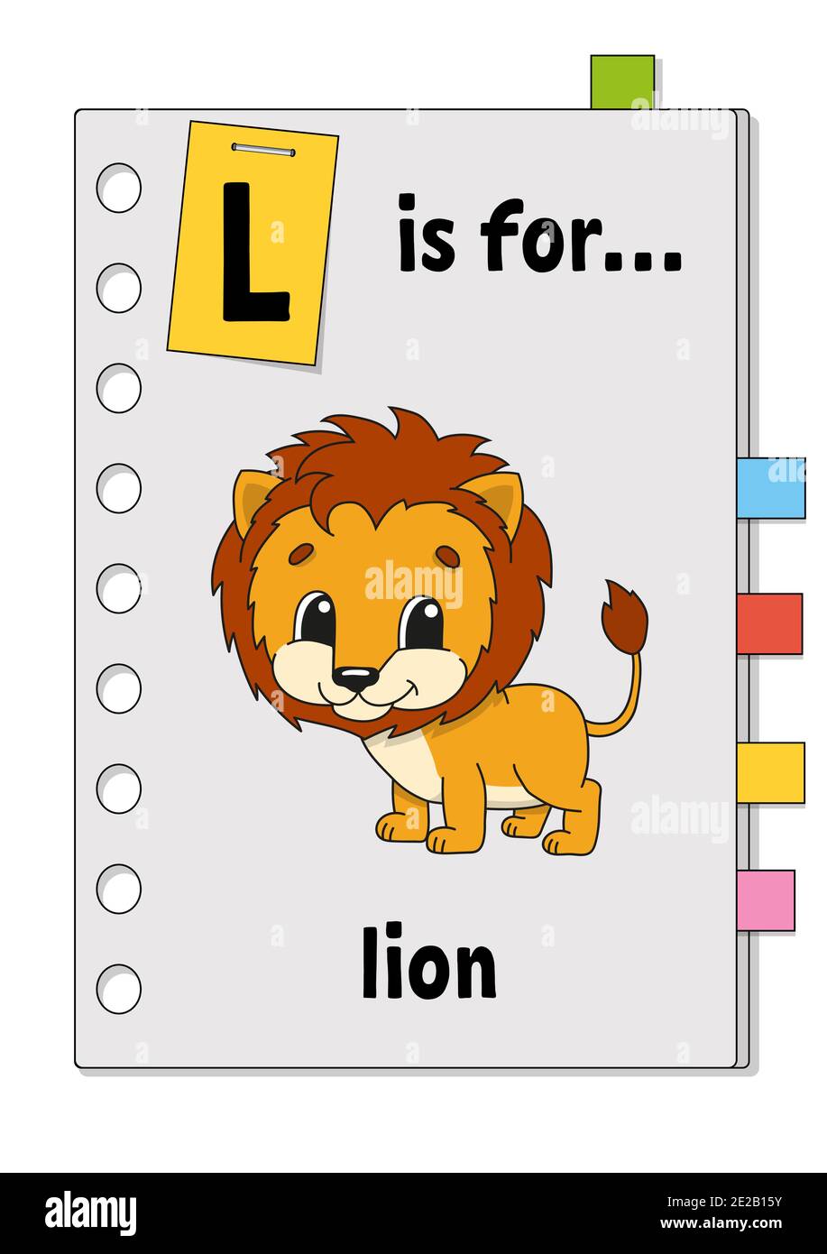 L ist für Löwen. ABC-Spiel für Kinder. Wort und Buchstabe. Wörter lernen für Englisch lernen. Zeichentrickfigur. Niedliches Tier. Farbvektordarstellung. Stock Vektor