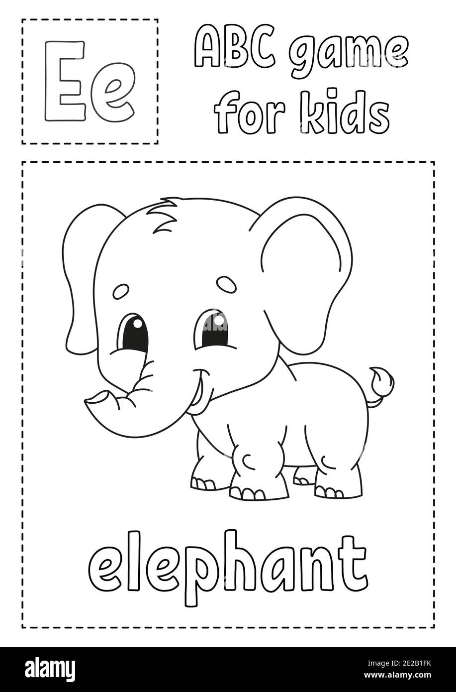 Buchstabe E ist für Elefant. ABC-Spiel für Kinder. Alphabet Malseite. Zeichentrickfigur. Wort und Buchstabe. Vektorgrafik. Stock Vektor