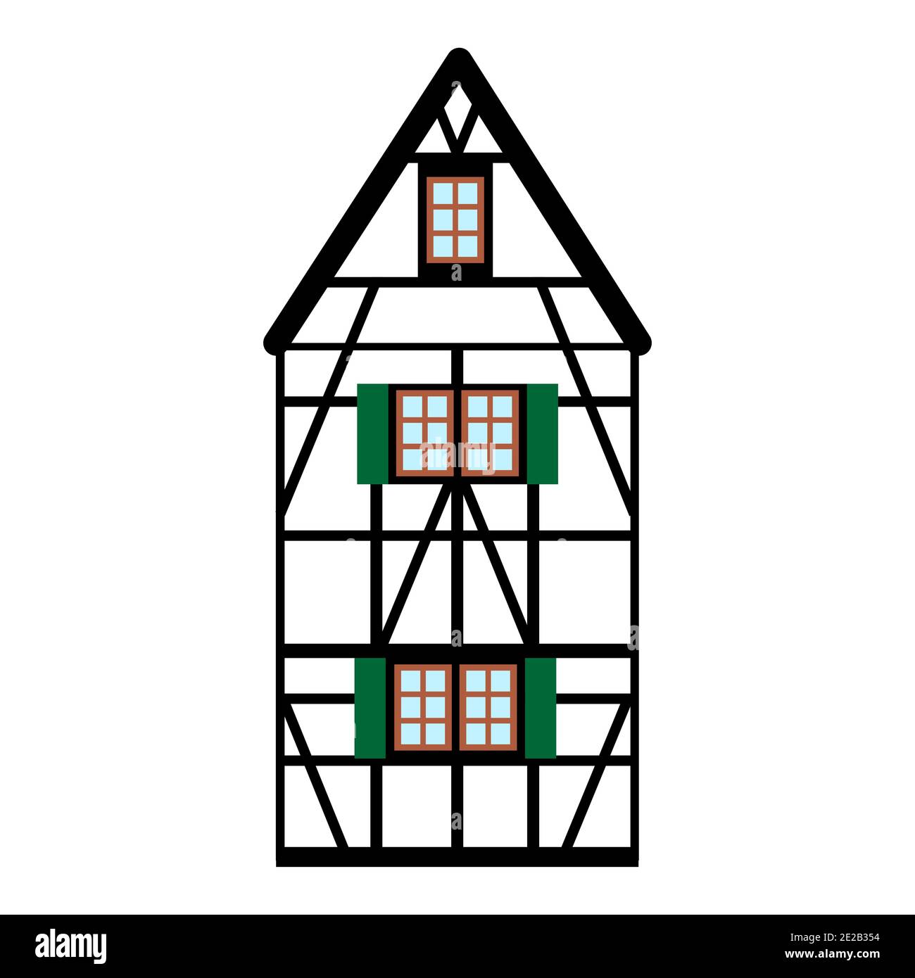 Altes deutsches Haus mit schwarzen Holzbalken. Farbiges Fachwerkgebäude. Flache Fassaden von europäischen Rahmenhäusern, Hütten. Stock Vektor