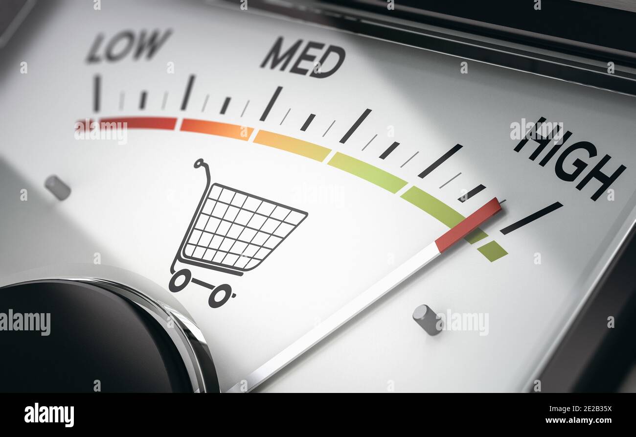3D-Darstellung einer wichtigen Leistungsindikator mit Nadel zeigt das Wort hoch. Marktkorbanalyse Konzept. Stockfoto
