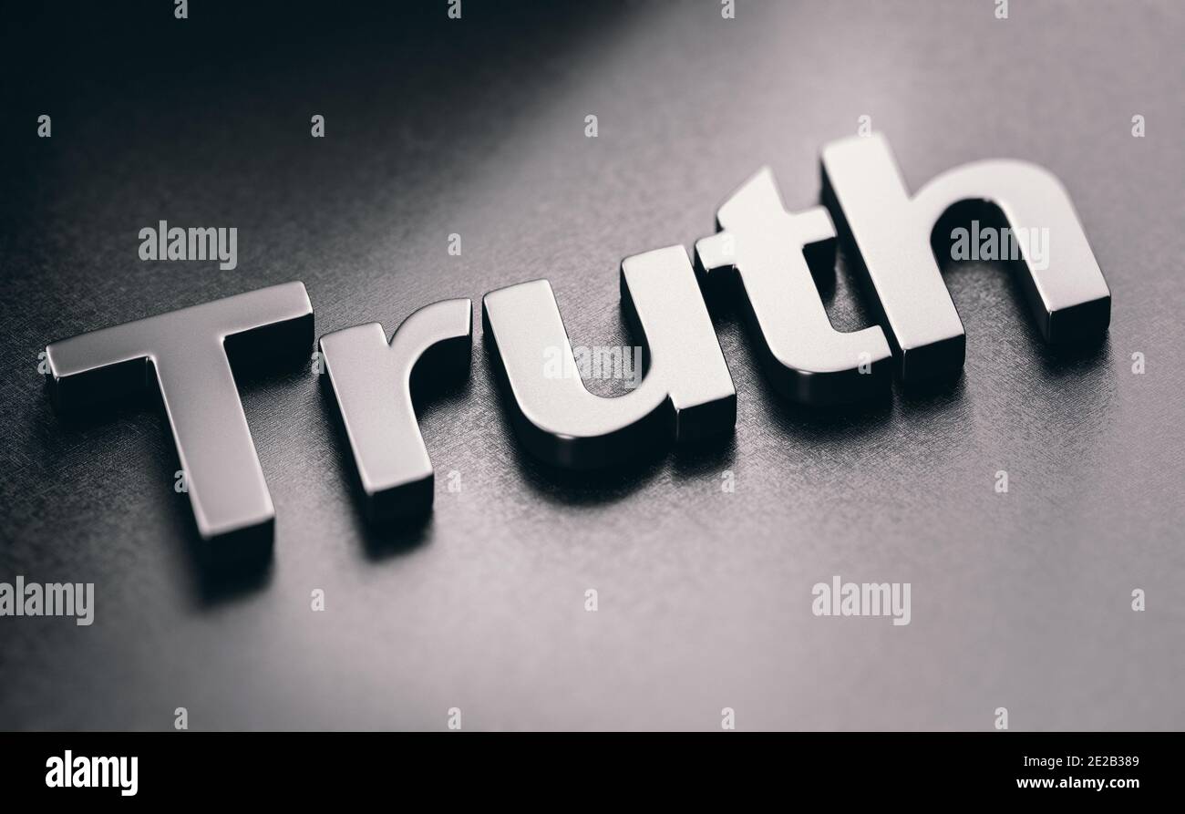 3D-Darstellung des Wortes Wahrheit auf schwarzem Hintergrund. Stockfoto