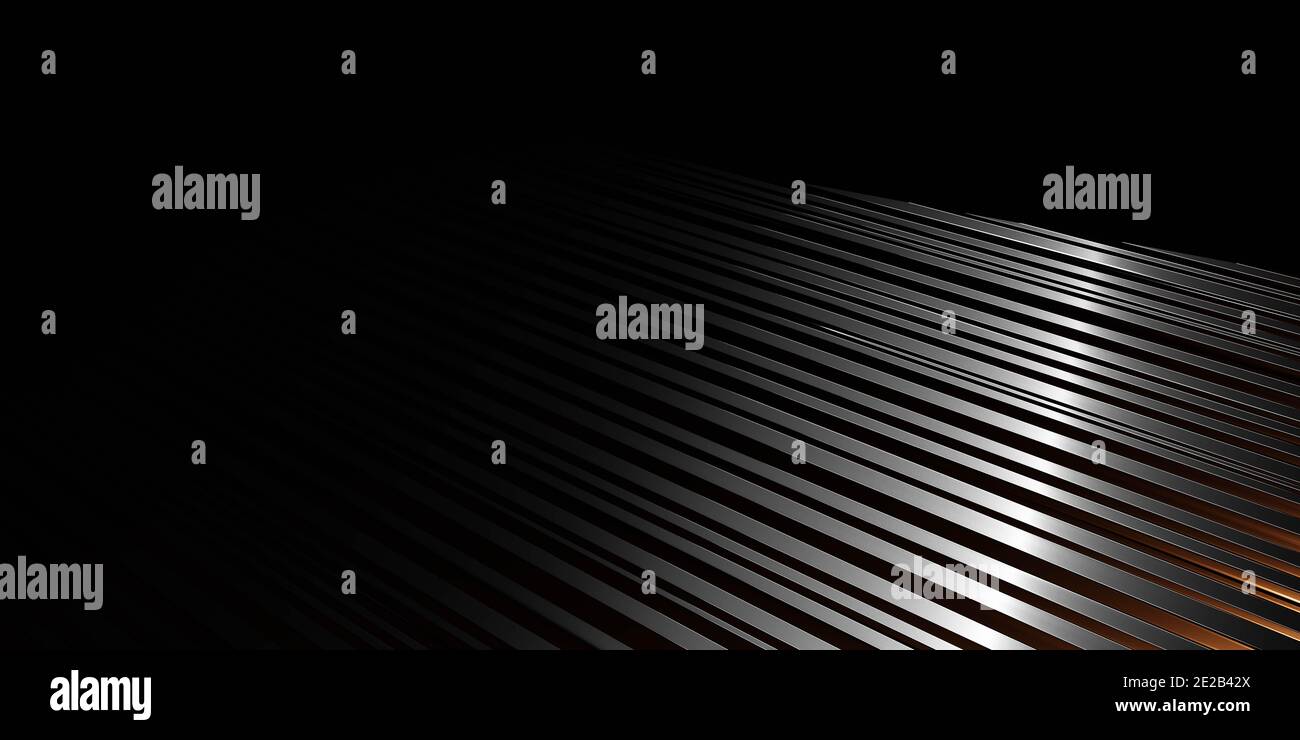 Abstrakter, dunkler chromer Oberflächenhintergrund mit einer 3D-Darstellung von Rillen Stockfoto