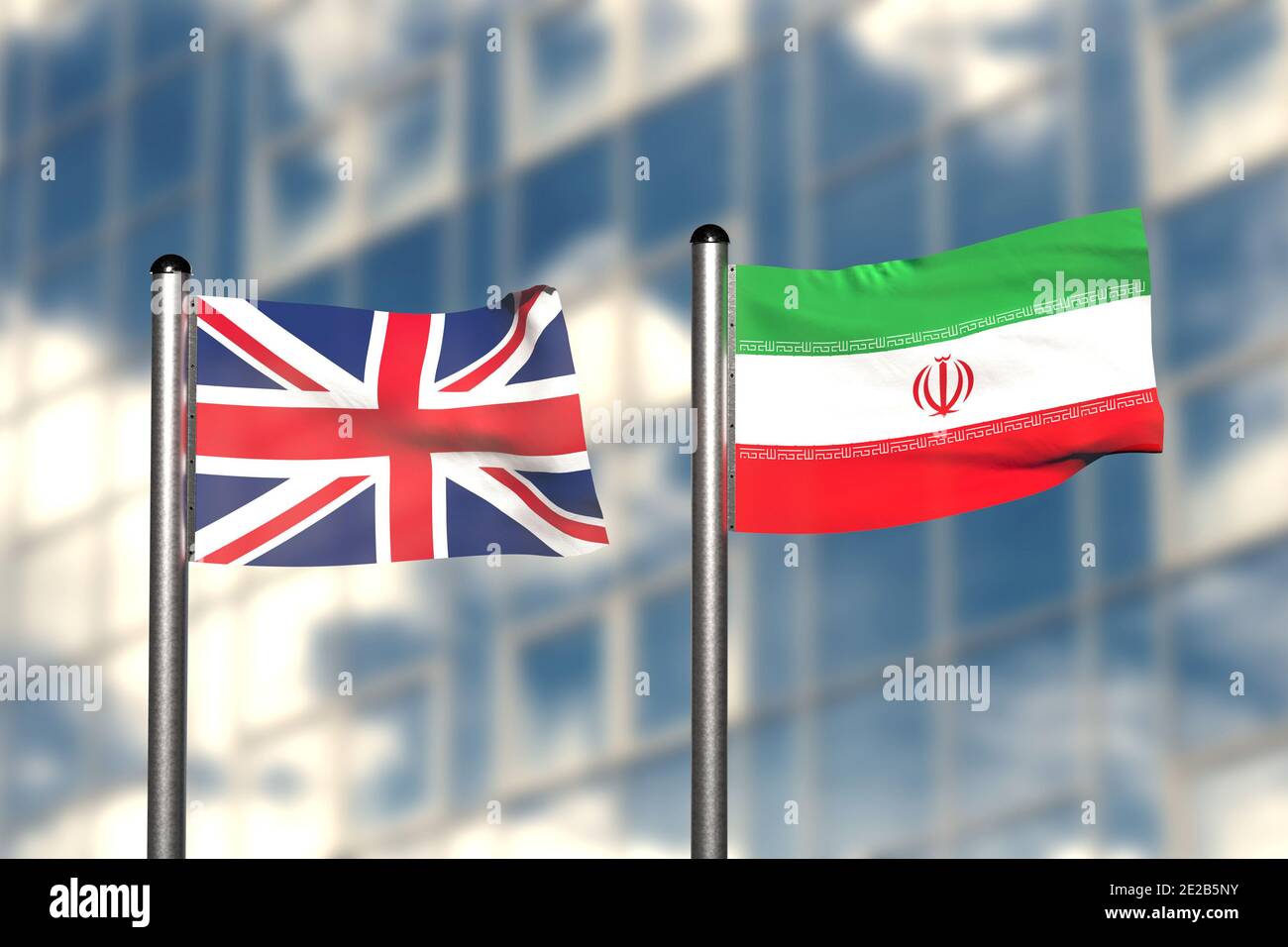 Eine 3d-Darstellung einer Flagge von Großbritannien und Iran Stockfoto