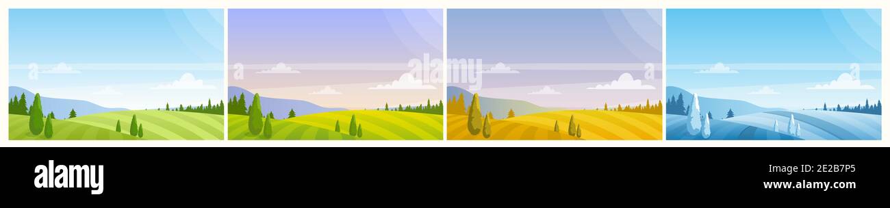 Cartoon Panorama Landschaft natürliche Landschaft, Ackerland Felder auf Hügeln, Wald am Horizont im Sommer Frühling Herbst Winter Hintergrund. Naturlandschaft Stock Vektor