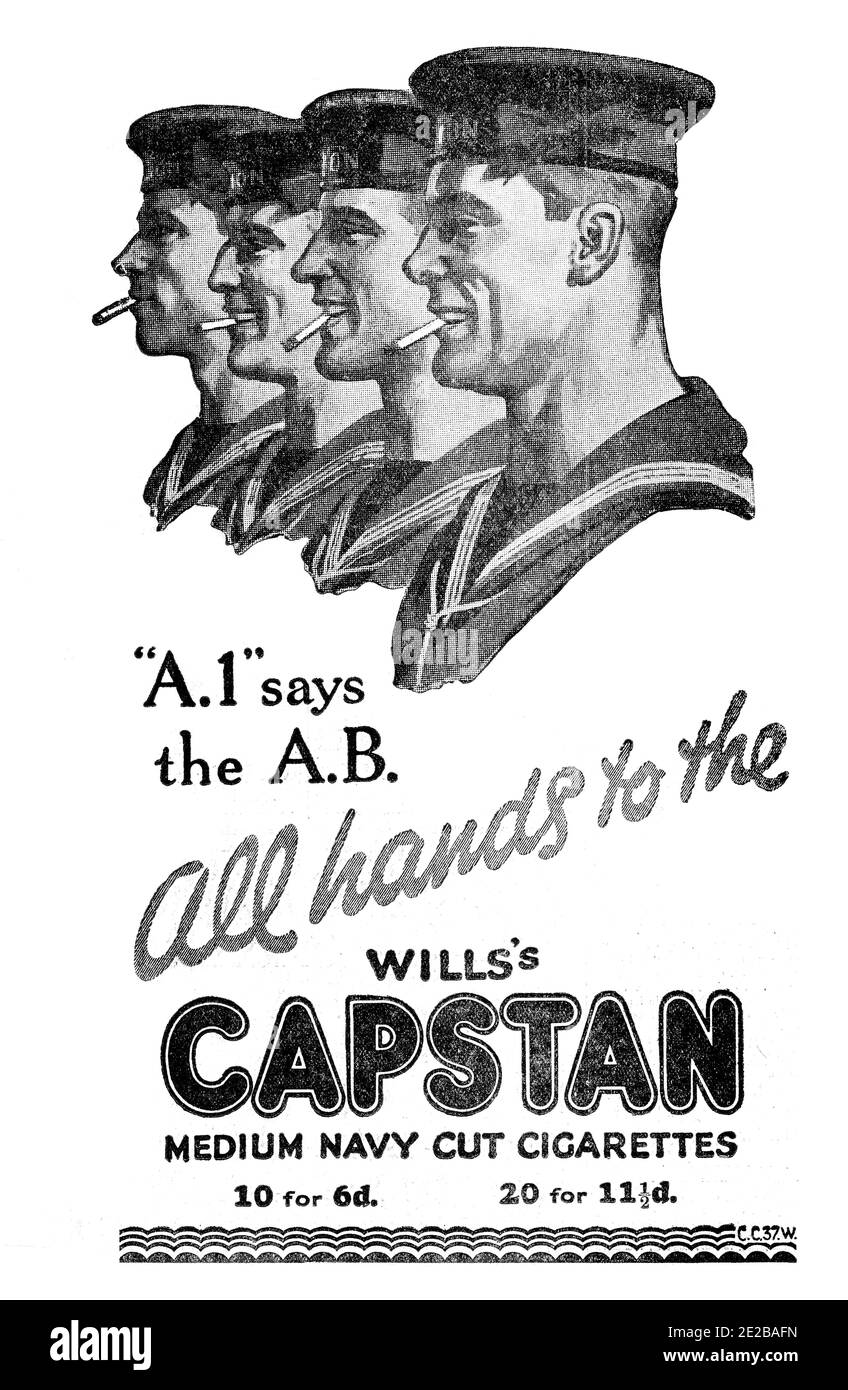 Tabakwerbung, Royal Navy Seemann Themen, lokale Zeitungsanzeigen für Wills 'Capstan Zigaretten von 1927 Yorkshire Evening Post Stockfoto