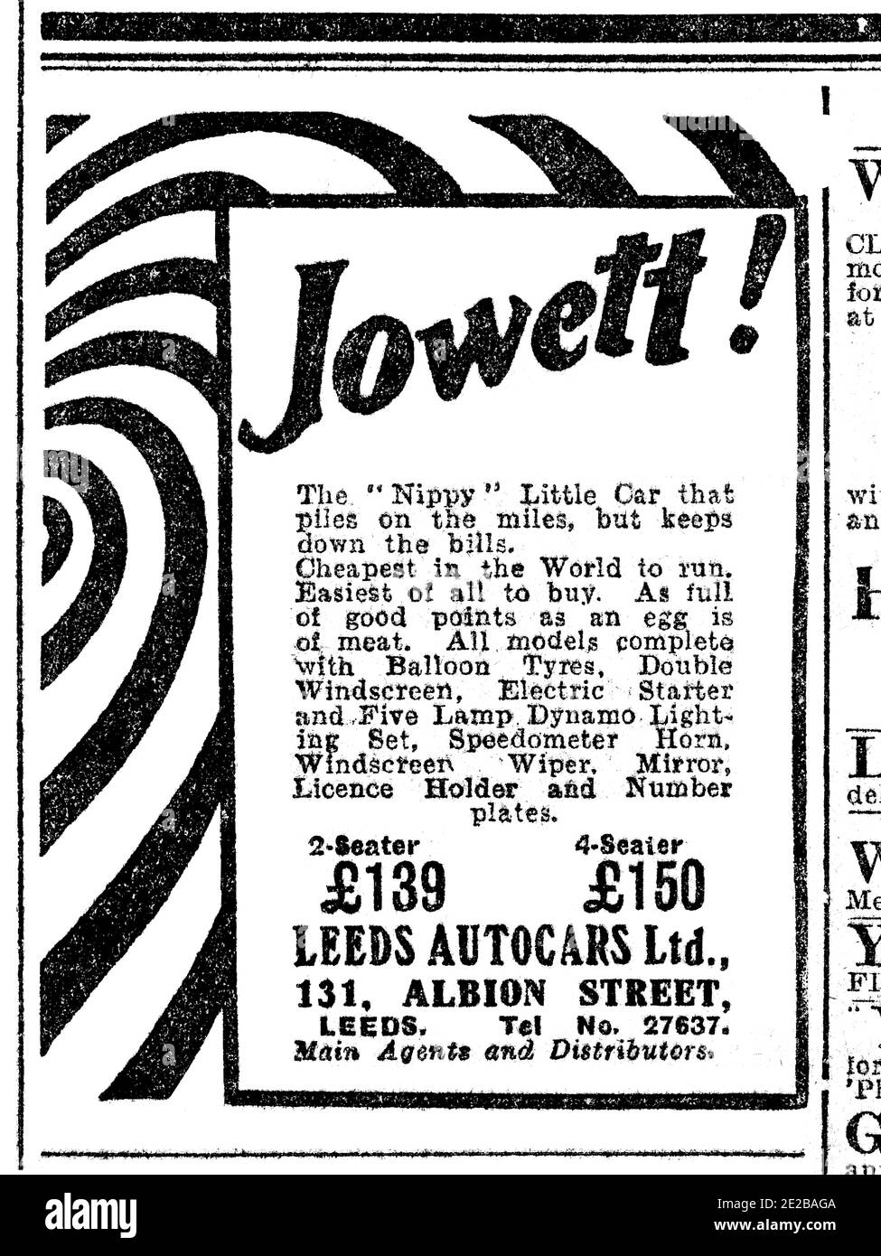Motor Werbung, Jowett Nippy Auto lokale Zeitung Werbung von 1927 Yorkshire Evening Post Stockfoto