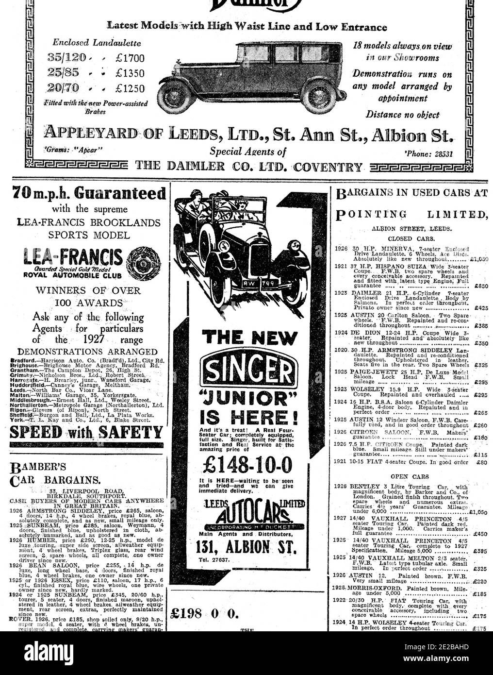 Motor Werbung, neue und gebrauchte Autos lokale Zeitungsanzeigen, von 1927 Yorkshire Evening Post Stockfoto