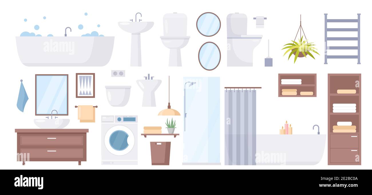 Karikatur Sanitärhygiene Einrichtung von Waschraum Toilettensammlung mit Badewanne Dusche Kabine Waschbecken Toilette Spiegel Wasserhahn Waschmaschine isoliert auf Stock Vektor