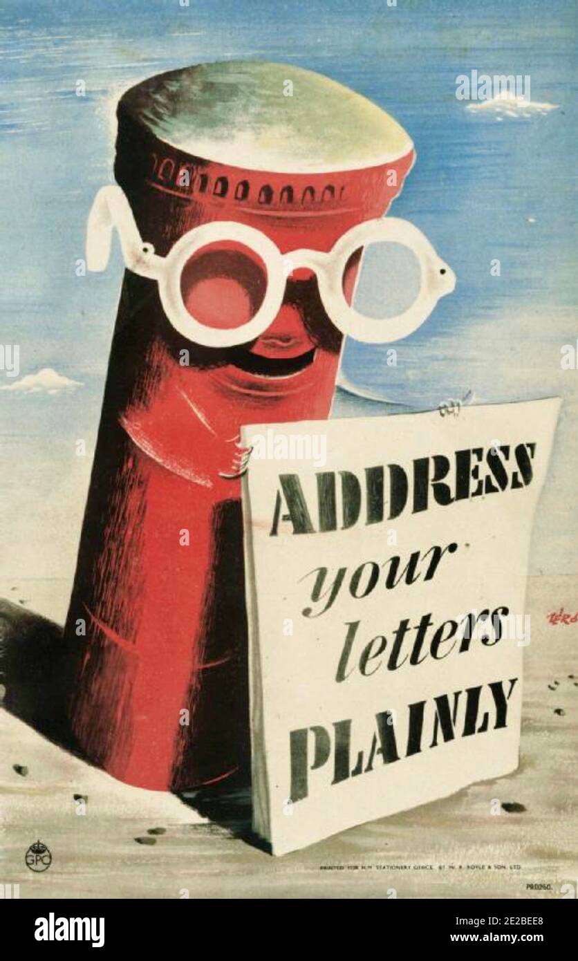 Das öffentliche Informationsplakat der britischen Regierung aus dem Zweiten Weltkrieg ermutigte die Menschen, Briefbriefe klar zu adressieren. Stockfoto