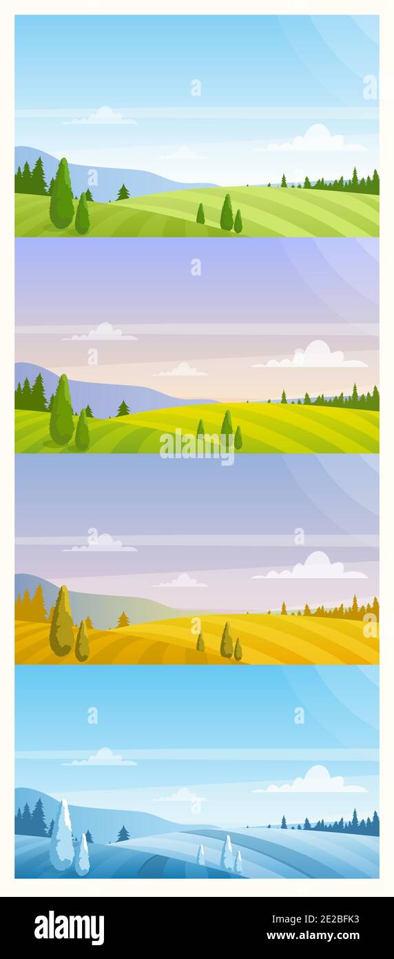Cartoon Panorama Landschaft natürliche Landschaft im Sommer Frühling Herbst Winter Hintergrund. Natur Landschaft in verschiedenen Jahreszeiten Vektor-Illustration gesetzt Stock Vektor