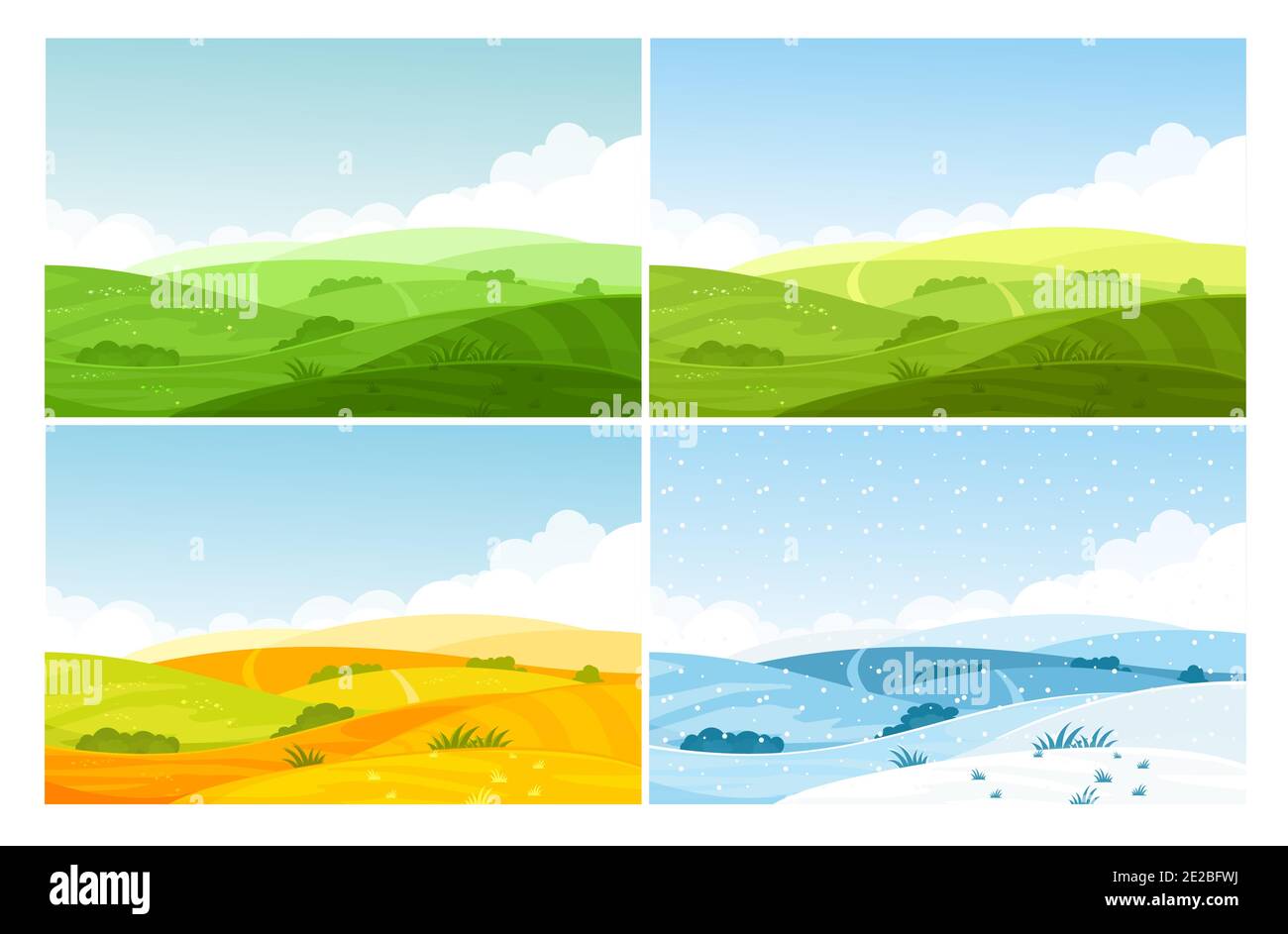 Naturfeld Landschaft in vier Jahreszeiten eingestellt, Cartoon Sommer Frühling Herbst Winter Szenen Stock Vektor