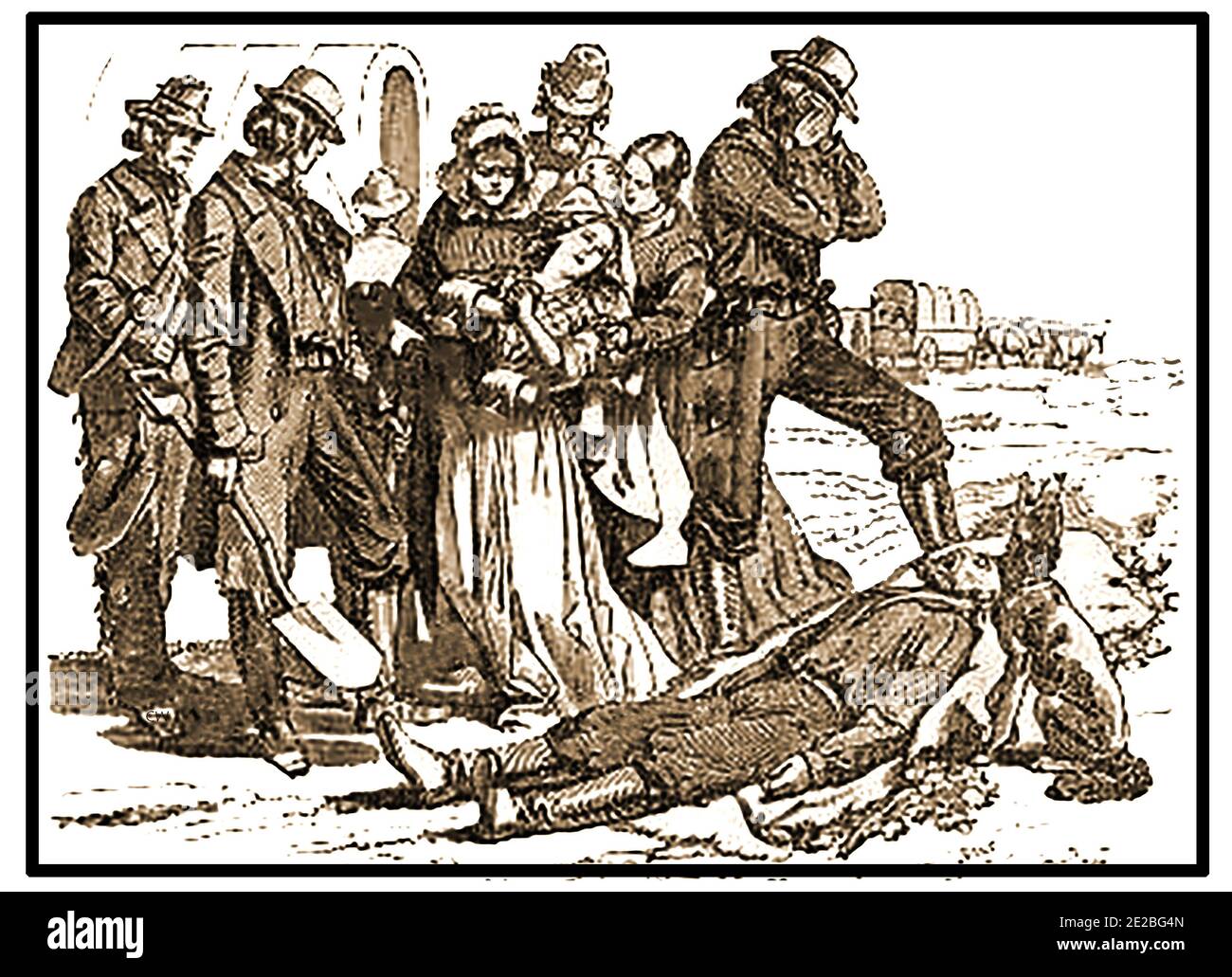 Eine ungewöhnliche Zeichnung einer Todesszene unter einer Familie von Siedlern als Teil eines Wagenzuges über die amerikanischen Ebenen während des 1800. Stockfoto