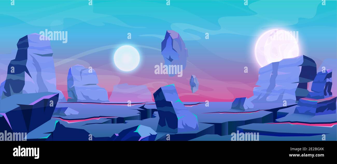 Alien Planetenlandschaft, Fantasie lila Felsen Land Relief, Satelliten Planeten am Himmel Stock Vektor