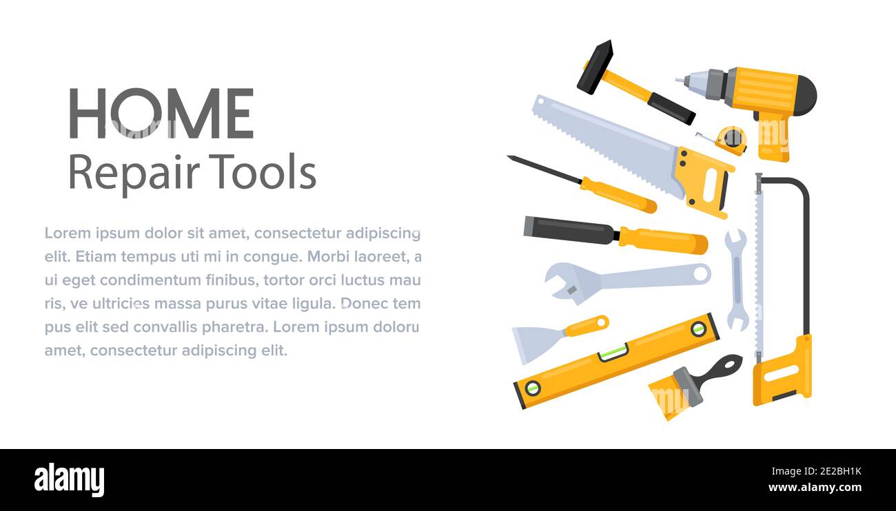 Zimmerei und Gebäude professionelle fix-Ausrüstung für die Renovierung zu Hause. Cartoon Handyman Toolbox mit Baumeister Sicherheitshut, Pinsel, Hammer und Stock Vektor