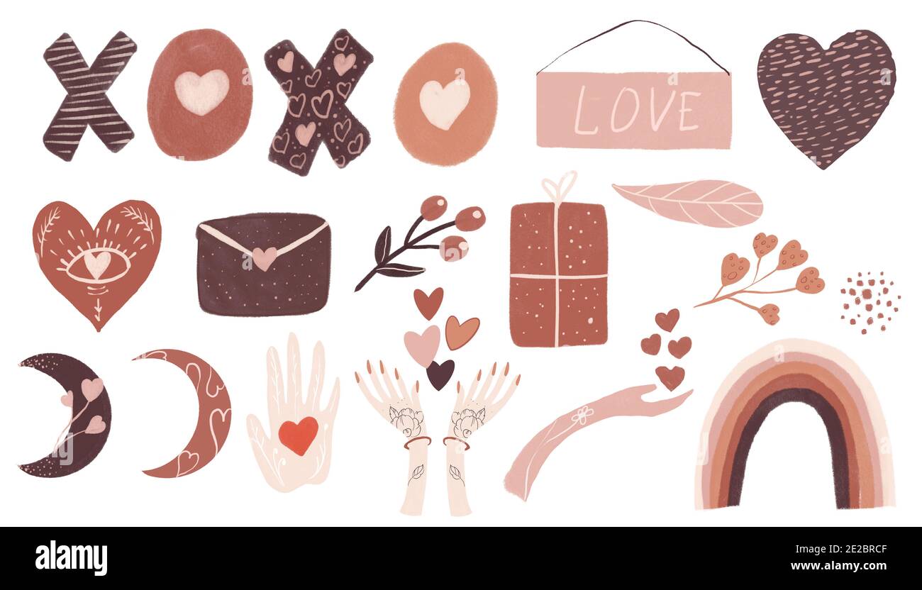 Boho Valentine Day Set besteht aus sechs Gnomen mit Herzen, Luftballons, Brief, ein Holzschild Stockfoto
