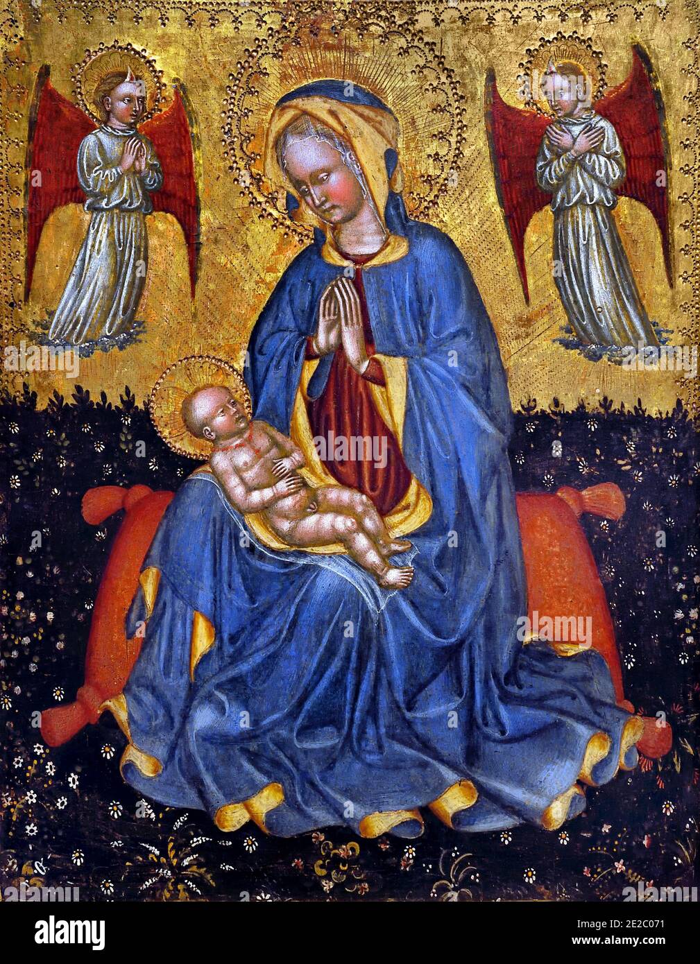 Die Jungfrau, die das Jesuskind mit zwei Engeln anbetend 1430 Maître du triptyque d'Imola - Meister des Imola Triptychons 15th Jahrhundert aktiv in Emilia, Italien, Italienisch, Stockfoto